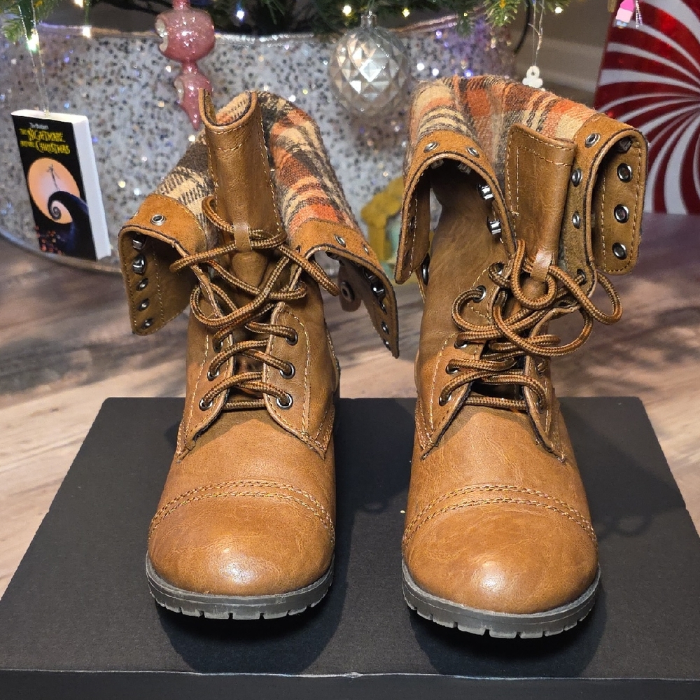 Soda Brown Combat Boots with Plaid Lining